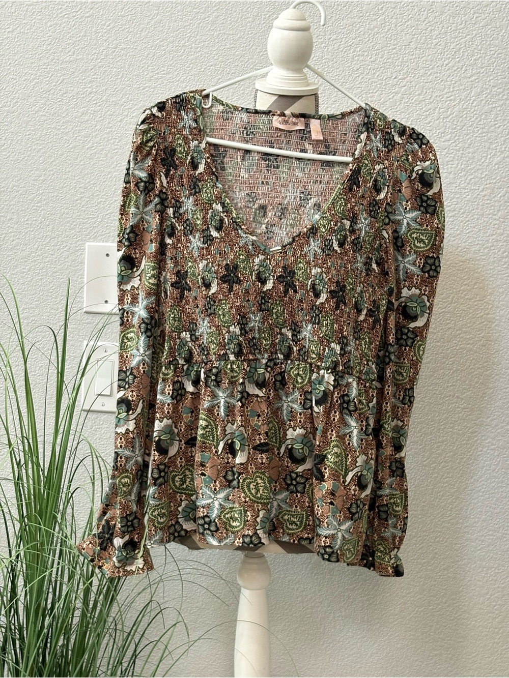 Boho Smocked V-Neck Peasant Blouse in Brown and Green